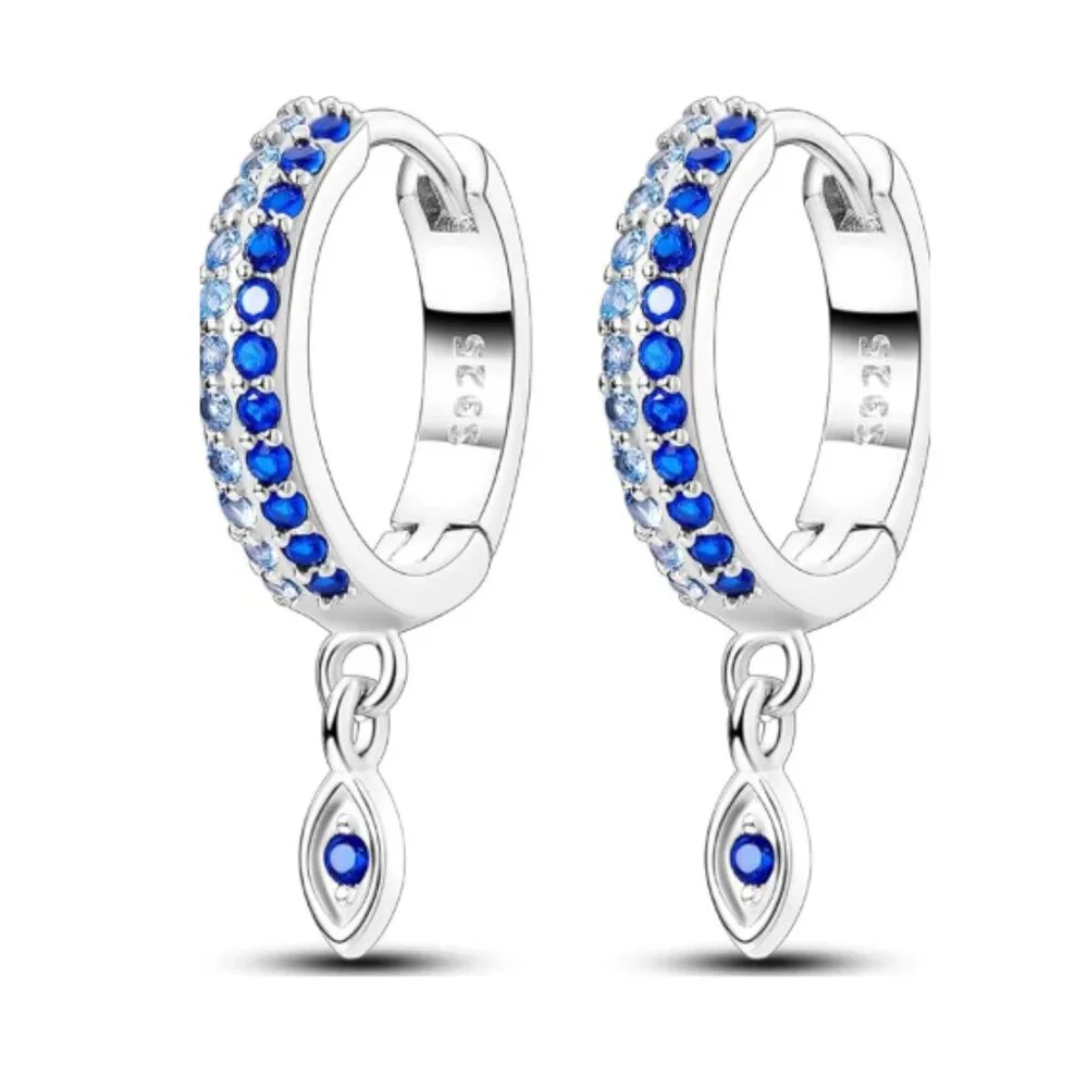 Blue Evil Eye Hoop 925 Sterling Silver Earrings Cubic Zirconia